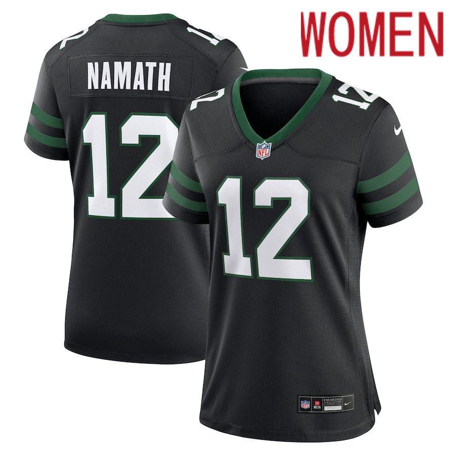 Women New York Jets 12 Joe Namath Nike Legacy Black Retired Player Alternate Game NFL Jersey